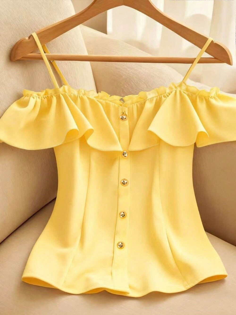 Yellow Casual Women's Off-Shoulder Ruffle Trim Camisole